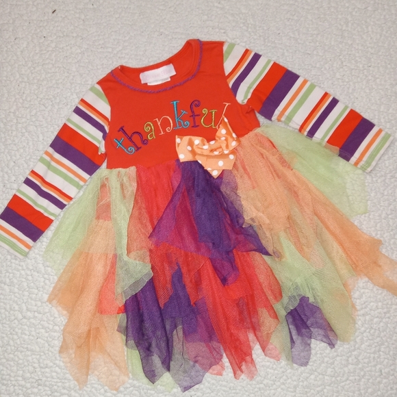 5 for $10 Bonnie Baby Colorful Striped Sleeve Fluffy Thanksgiving Dress 12M - Picture 2 of 6